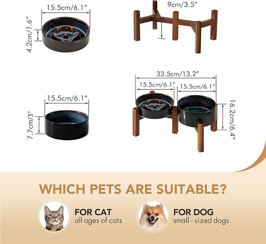 Ceramic 0.9 Cup Raised Slow Feeder Dog Bowl Set, Elevated 6.1inch Water Bowl and 6.1inch Slow Dish with Acacia Wood Stand for Small Dogs (2 x Starry Sky+ Stand)