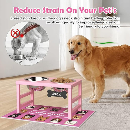 Elevated Dog Bowls, 10" Tall Height, ADENGL Raised Bowl Stand with 2 Stainless Steel Food Feeder Bowls (60oz) and Spill-Proof Mat for Medium Large & Small Breeds, Pink