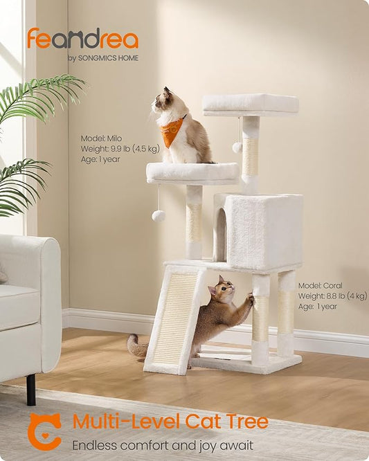 Feandrea Cat Tree, 45.3-Inch Cat Tower, Plush Condo with Scratching Post, Ramp, Perch, Spacious Cave, for Small Space, Cream White UPCT141W02
