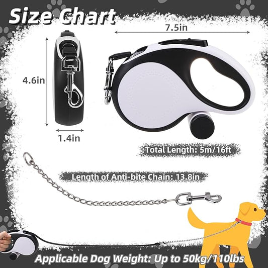 PUPTECK Retractable Dog Leash with Chew Proof Chain, 360 Tangle-Free Walking Leash for Small to Large Dogs, Heavy Duty up to 110lbs, 16ft Strong Nylon, One-Hand Brake White