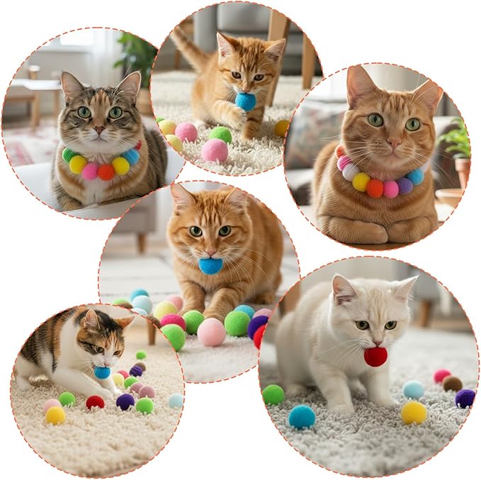 Ouligay 70 PCS Silent Cat Balls 1 Inch Colorful Cat Pom Pom Balls, Cats Toy Ball Soft Interactive Lightweight, Fuzzy Ball for Cats Kitten Toys for Indoor Crafts