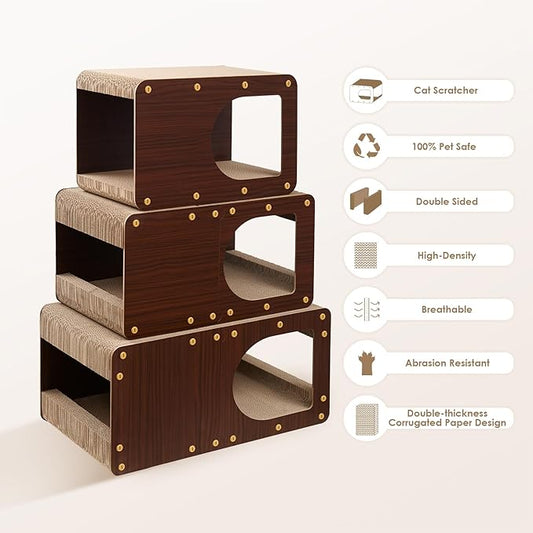 EHEYCIGA Cardboard Cat Scratcher House, 20-Inch Corrugated Cat Scratcher for Indoor Cats, Large Scratching Board Pad, Dark Brown