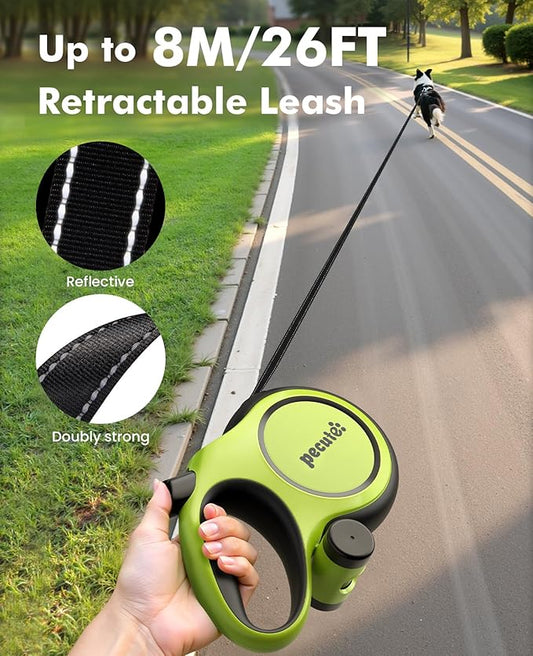 Pecute Retractable Dog Leash with Chew Proof Steel Cable, 26ft Heavy Duty Retractable Pet Leash with Poop Bag Holder, Anti-Slip Grip, for Medium/Large Power Chewers & Pullers 33lbs-110lbs (Green)