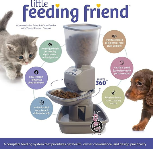 Feeding Friend® Automatic Dog & Cat Food Feeder with Water Dispenser –Smart Pet Feeder with Portion Control, OLED Display, Anti Jam Design, Battery Operated Dispenser for Small - (XS) Pets 4-15 Taupe
