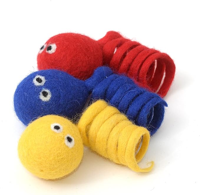Glaciart One Felt Spring Cat Toy β 3 Pcs Soft Fuzzy Enrichment 100% Natural Wool - Interactive Stretchable Play Set - Safe for Pets, Non-AZO Colored Dyes - 4β Long
