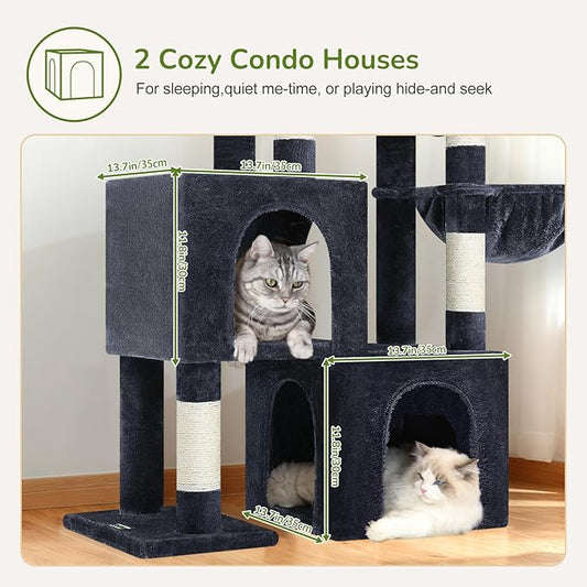 Globlazer Cat Tree Condo Tower for Multiple Indoor Cats, 52in Multi-Level Cat Scratching Tree with 2 Cat Condos, 5 Sisal Scratching Posts, 2 Padded Perches, Big Basket, Widened Base, S52, Dark Grey