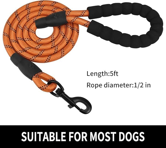 5/6 FT Strong Pet Dog Leash with Soft Padded Handle,Highly Reflective Rope for Night Walking,360-Degree Rotating Metal Buckle Without Tangles,Suitable for Small,Medium and Large Dogs.(5ft)
