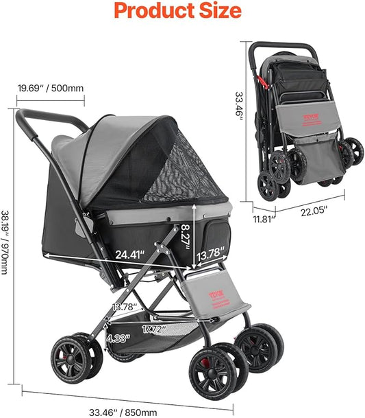 VEVOR Pet Stroller, 44 lbs Weight Capacity, Foldable Dog Cart, 4 Wheels Cats Stroller with Mesh Windows & Revrsible Handle, Portable Pet Carrier with Brake, for Small to Medium Pets