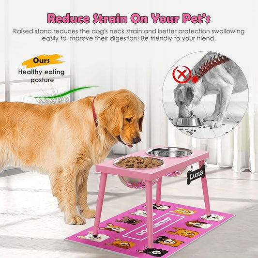 Raised Dog Bowl Stand for Large Medium Dogs, Elevated Dog Bowls with Sprill Proof Mat &Two 58OZ Stainless Steel Bowls,Pink