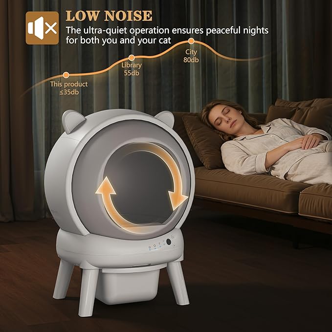 Self Cleaning Litter Box, Automatic Cat Litter Box for Multiple Cats, Auto Litter Box Robot with APP Control, Dual Safety Sensors, Odor Control&Low Noise, Cat Ears Design, Ivory White
