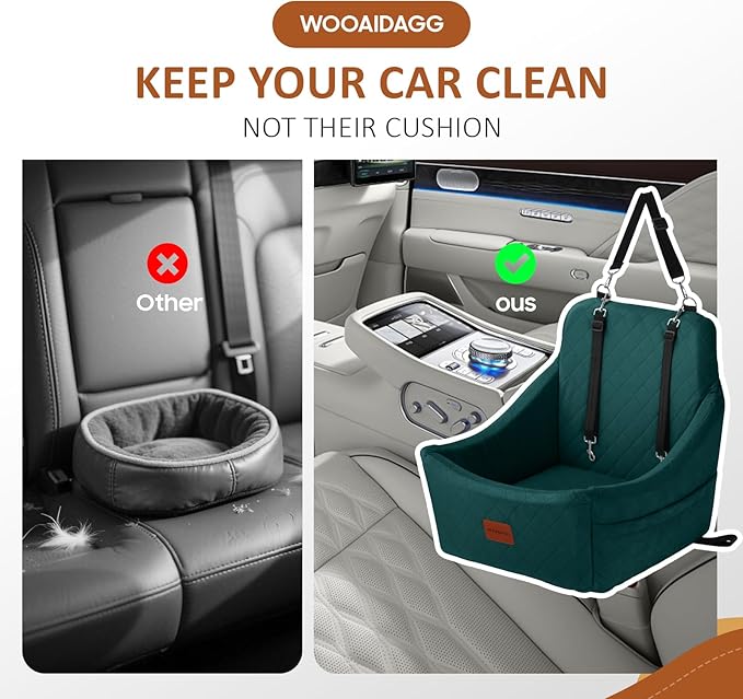 WOOAIDAGG Dog Car Seat for Medium Dogs, Pet Travel Bed with Seat Belt Channel, Fully Detachable and Washable, 3 Straps Easy to Install (Green)