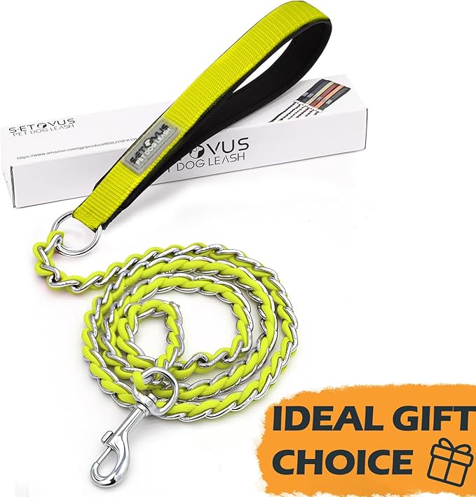 Chain Dog Leash Chew Proof Metal Leash for Medium Large Dogs, Chain Link Dog Anti Chew 5.2FT / 4FT Strong Anti Bite Comfortable Soft Padded Handle (Yellow, 5FT(30-80lb)
