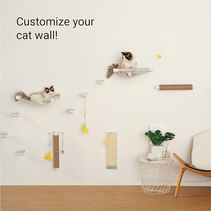 SVD.PET Wall Mounted Cat Hammock with Toy, Easy-to-Install Cat Wall Shelf with Soft Pad on This Premium Kitty Furniture, Modern Design. Easily Supports up to 40 lbs (Easy-Install, White)