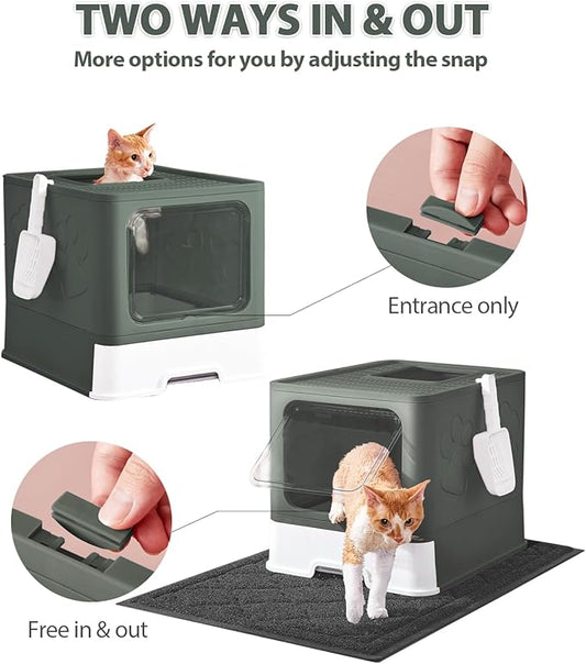 Cat Litter Box with X-Large Litter Mat and Scoop, Large Covered Litter Box with Lid, Enclosed Kitty Box,Front Top Entry Exit, Odor Control Easy to Clean (Upgrade Olive Green)