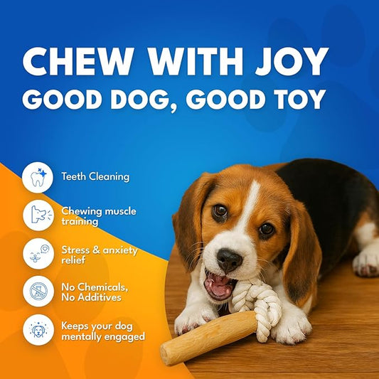 Coffee Wood Dog Chew Toy with Rope for Small Dogs, Natural Wood Stick for Light to Moderate Chewers, Safe Chewing for Dental Care, Tug Play & Boredom Relief (Small - Under 30lbs)