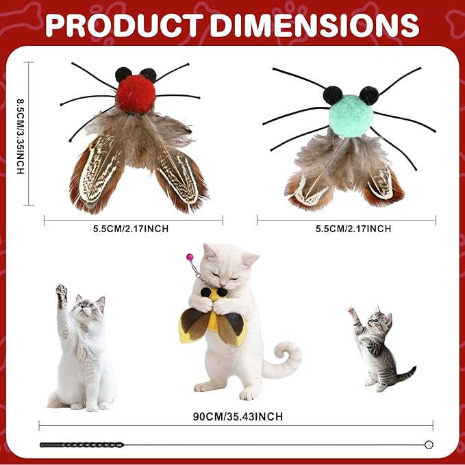 Walfront Cat Toys for Indoor Cats — Green & Red Cicada Feather Replacement Heads Wand, Joyful Chase Play for Kittens & Adult Cats, Mood-Boosting Interaction & Home-Alone Stress Relief