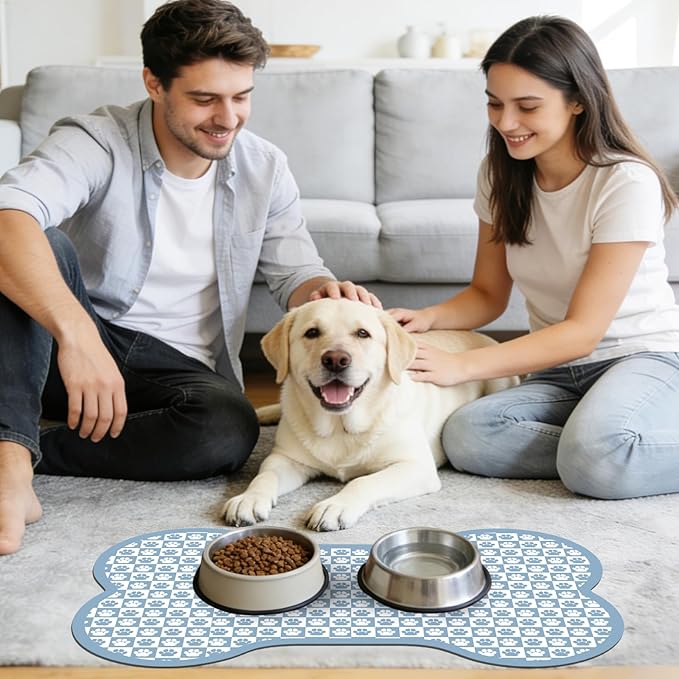 Pet Mats for Food and Water, Blue Bone Dog Food Mat for Floors, Non Slip Indoor Quick Dry Cat Bowl Feeding Mats (16.9” X29.9”)