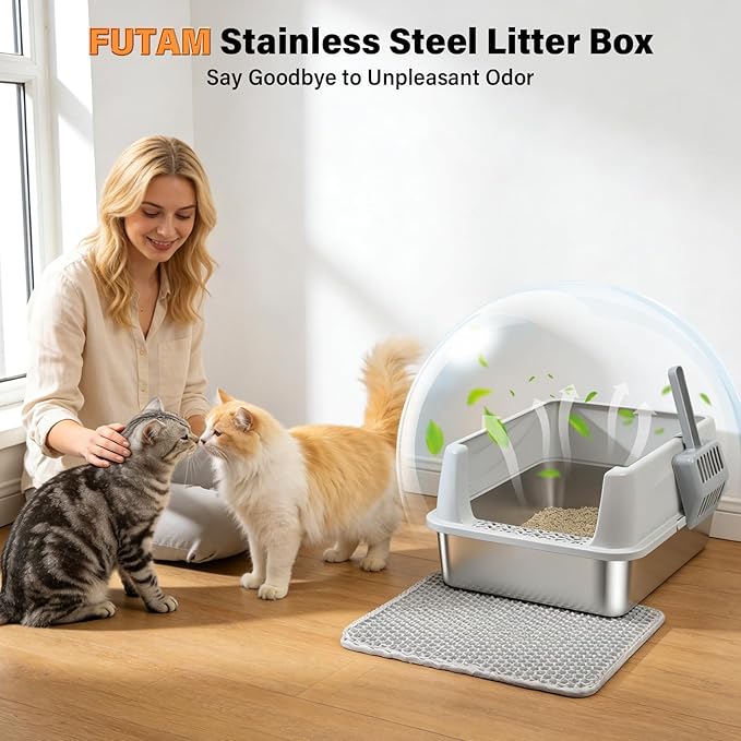 Stainless Steel Cat Litter Box, Metal Kitty Litter Box with High Sides Lid for Kittens, Small or Medium Cats, Open Top Low Entry Litter Pan Include Scoop and Mat, Anti-Urine Leakage, Easy Cleaning, M