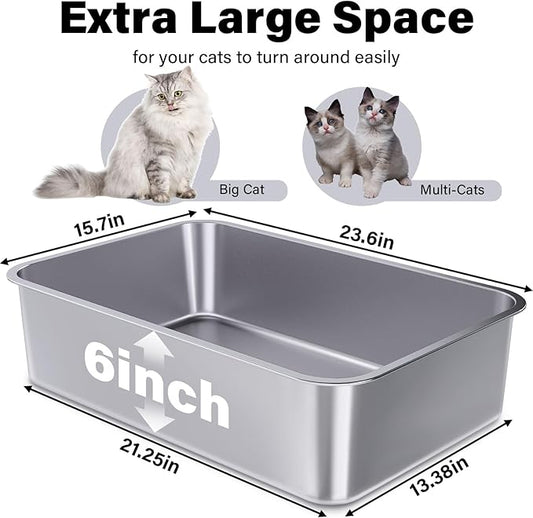 Stainless Steel Litter Box 3 Pack, 23.6" X 15.7" X 6" Extra Large Cat Litterbox No Smell, XL Metal Litter Box for Big Kitty, Multiple Cats, Non Stick, Easy Cleaning