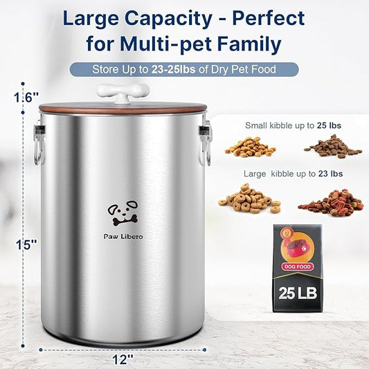 2PK 25 Lbs total 50 Lbs Stainless Steel Dog Food Storage Container with Airtight Wooden Lid & Ceramic Bone Handle, Large Metal Dog Food Bin for Dogs & Cats
