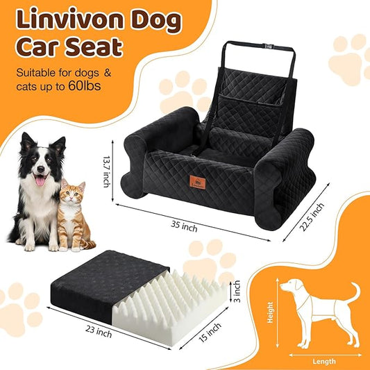 Dog Car Seat for Medium/Large Dogs up to 60 lbs, Memory Foam Dog Booster Seat with Thick Cushion, Pet Car Seat for Back with Detachable Washable Cover, Storage Pockets for SUV, Pick Up, Trunk, Black