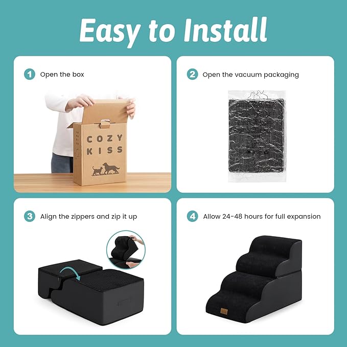 Detachable Curved Dog Stairs 19.7" H, 4 Step Small Dog Step for Puppy or Older Cat, Ramp for Bed, Sofa, Couch or Chair, Ladder with High Density Foam, 17.7x28.3x19.7 inch, Black