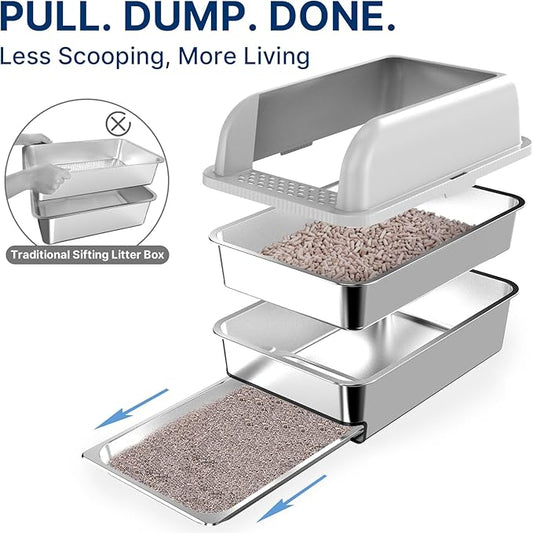 23.6"x15.7"x6" Stainless Steel Litter Box with Lid, XL Sifting Litter Box for Pine Pellets with Removable Drawer Pan for Easy Cleaning, High Sides Large Metal Litter Box System for Big Cats