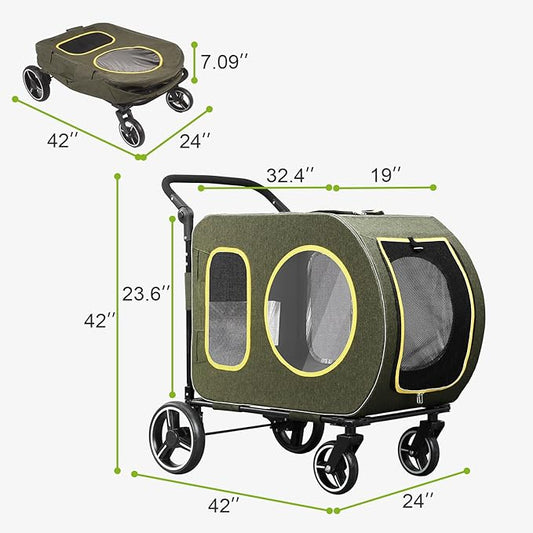 2025 Upgraded Dog Stroller for Large & Medium Dogs,Pet Stroller for 2 Small Dogs, Foldable Jogger Wagon with Detachable Carrier for Car Seat, Adjustable Handle, Up to 90 lbs, Green