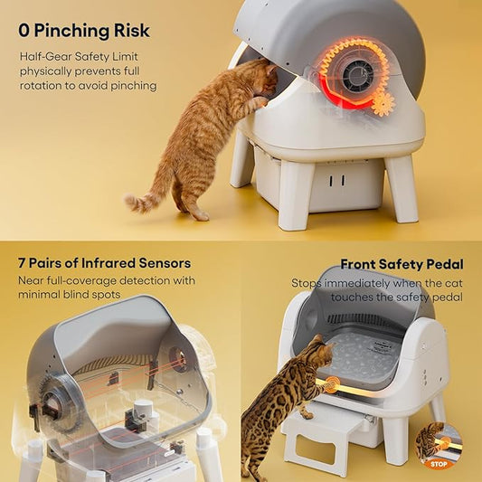 PetPivot Open Top Self Cleaning Cat Litter Box, Automatic Litter Box with 7 Pairs of Safety Sensors, Anti-Pinch Protection and Easy Access Step for Senior Cats, White Grey