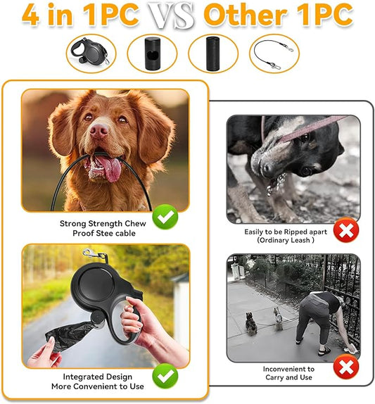 Upgraded Retractable Dog Leash with Chew Proof Cable, 26ft Heavy Duty Dog Leash for Large Dogs up to 110lbs, No-Tangle, Non-Slip Handle, One-Handed Brake, with Poop Bag Holder (Black, L 26ft)