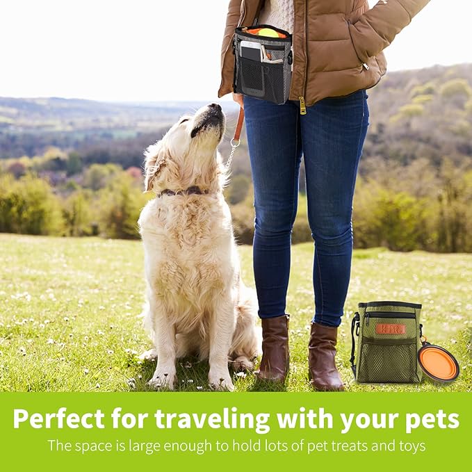 Dog Treat Training Pouch Easily Carries Pet Toys Kibble,Treats Built-in Poop Bag Dispenser 3 Ways to Wear Comes with a Foldable Silicone Bowl(Dark Grey)