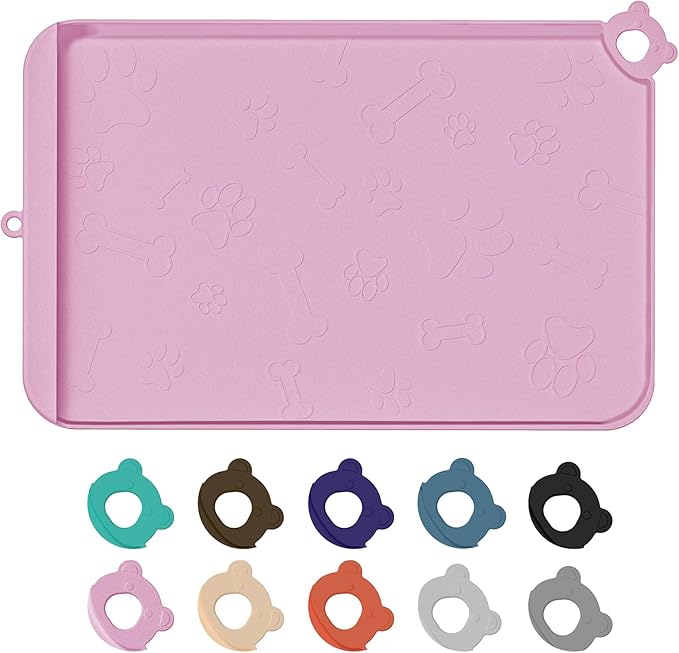 Dog Food Mat, Silicone Dog Mat for Food and Water -Pet Feeding Mats with Residue Collection Pocket, Waterproof Dog Cat Bowl Mats with Raised Edges and Hooks, Placemats for Cats and Dogs Water Bowl