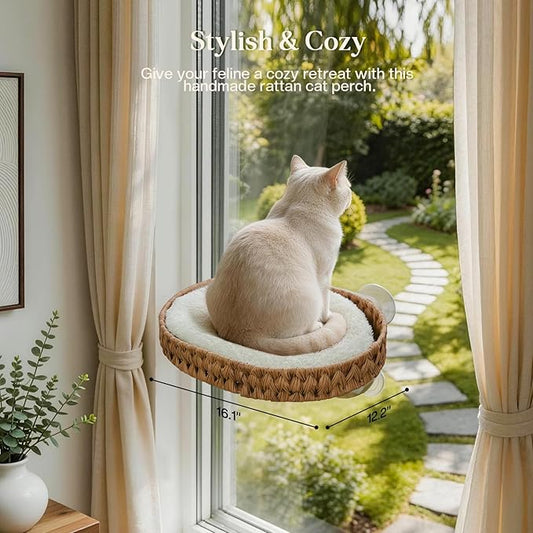 2 Ways Cat Window Perch with Solid Wood Frame, Wicker Design Cat Window Seat with 4 Suction Cups, Window Hammock for Cats Inside with Removable Cusion, Cat Hammock for Window & Wall