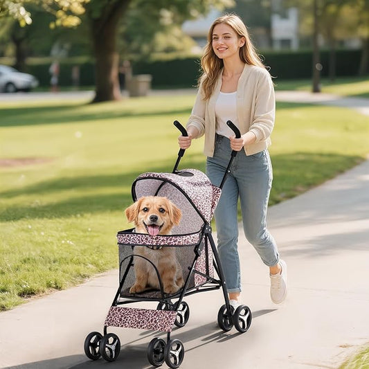 Dog Stroller for Small Dogs 10 lbs -22lbs Puppy Stroller Medium Dog Wagon Small Pet Stroller for Cats, Cat Strollers for 2 Cats, Rear Storage, Leopard Print