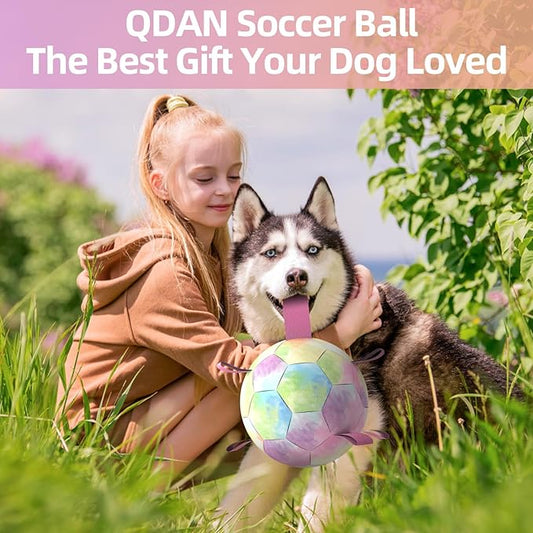 QDAN Extra Large Dog Toys Soccer Ball for Extra Large Dogs - Durable Dog Ball for Beach Pool Water Toy, Interactive Tug of War, Puppy Birthday Gifts, Rainbow (9 Inch)