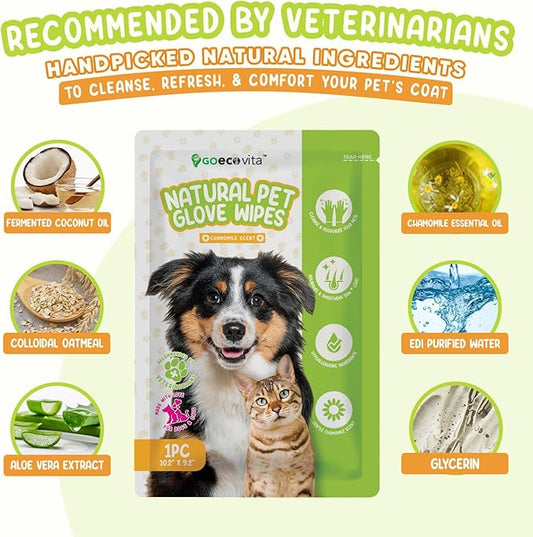Pet Deodorizing Glove Wipes for Dogs & Cats | Nourish & Clean Fur & Skin | Coconut Oil & Chamomile Rinse-Free Wipes | Bathing Glove Wipes for Daily Care | Natural, Hypoallergenic (8 Pack)