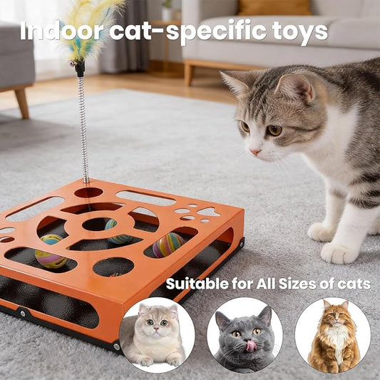 2026 New Metal Cat Scratch Puzzle Enrichment Box,cat Puzzle, 1 Spring-Loaded Colorful Feather Stick with a Bell,No Assembly Required, All Cats Indoor Play Toy
