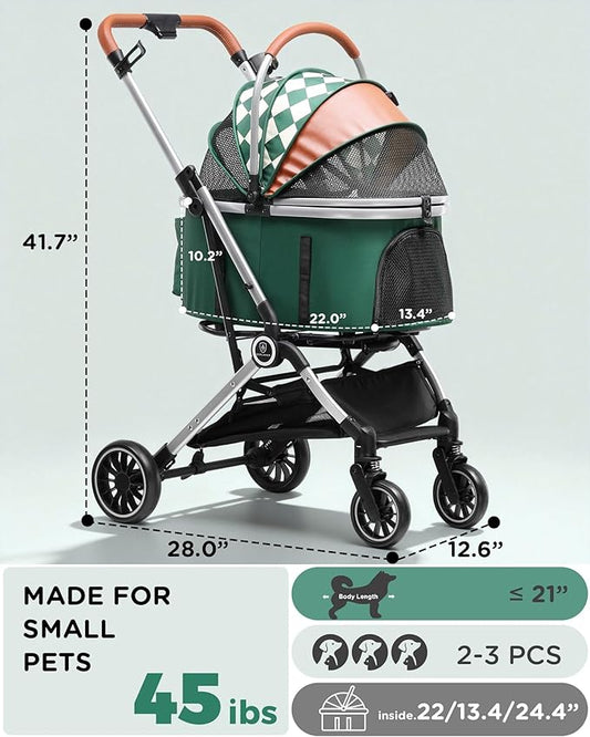 GTPLAYER Pet Stroller for Dogs & Cats, 3-in-1 Foldable Pet Stroller with Detachable Carrier, 360° Swivel Front Wheels & Rear Brakes, Up to 45 lbs, Green