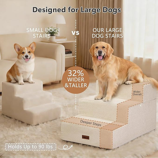 Dog Stairs for Large Dogs 18" H, Extra Wide Dog Steps for High Beds & Couches, 20" Wide Deep Steps, Non-Slip Dogs Ramp, 3-Step Pet Stairs, Beige