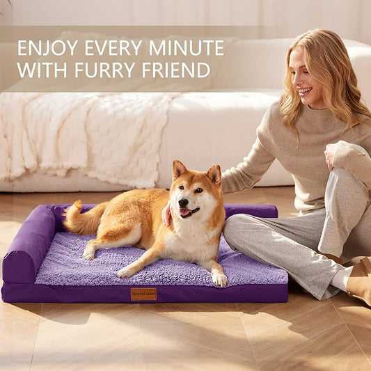 Patas Lague Orthopedic Dog Bed Medium Size Dog 30''X20'', Waterproof L Bolster Medium Pet Sofa Beds with Removable Washable Cover, Soft Comfortable Pet Couch Crate Mat with Nonskid Bottom, Purple