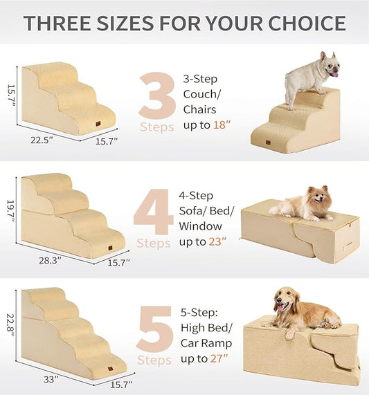 Made4Pets Dog Stairs Ramp for Small Dogs 15.7" H, 3-Step Dog Steps for Bed Couch Sofa and Chair, 35D Foam Pet Steps for Small Dogs and Cats, Non-Slip Bottom Pet Stairs, Tan