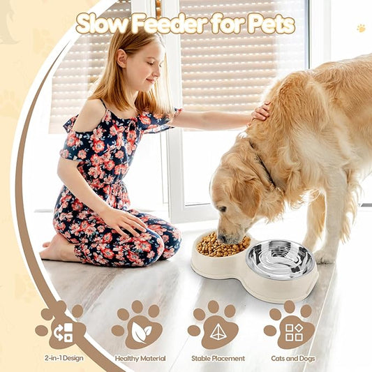 Pets Double Slow Feeder Bowls, Cats & Dogs Food Water Bowls, Stainless Steel Puppy Food and Water Dishes Non-Skid, Pet Feeding Bowl for Small Dogs Puppy Cat (White)