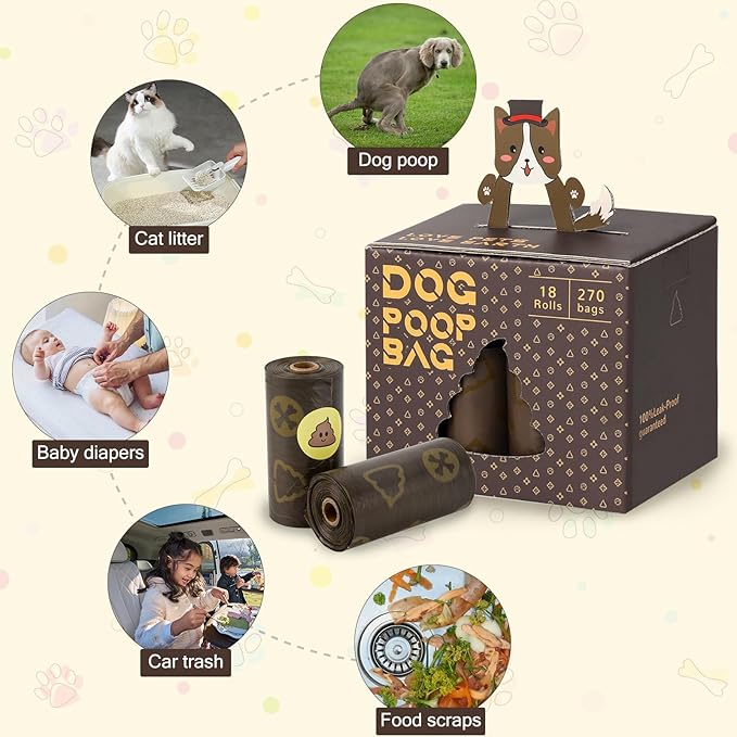 DBFAIRY Dog Poop Bags, 270 Count Pet Waste Bags Strong Thick, Leak Proof and Portable Poop Bags Refill Rolls for Dogs and Cats, 18 Rolls Coffee Scented Waste Bags