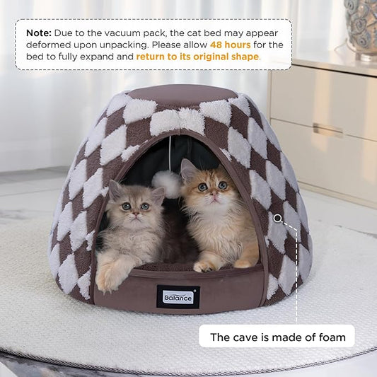 BALANCE Cat Beds for Indoor Cats, 2-in-1 Cat Bed Cave with Anti-Slip Bottom and Ultra-Soft Plush, Cozy Cats House Tent for Kittens and Small Dogs, 19 Inches, Dark Brown