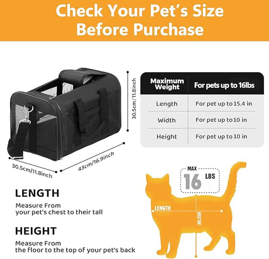 Simple Deluxe Airline-Approved Cat Carrier, 17" x 12" x 12", Soft-Sided Pet Carrier for Cats up to 17 lbs, Durable & Collapsible Travel Carrier, Black