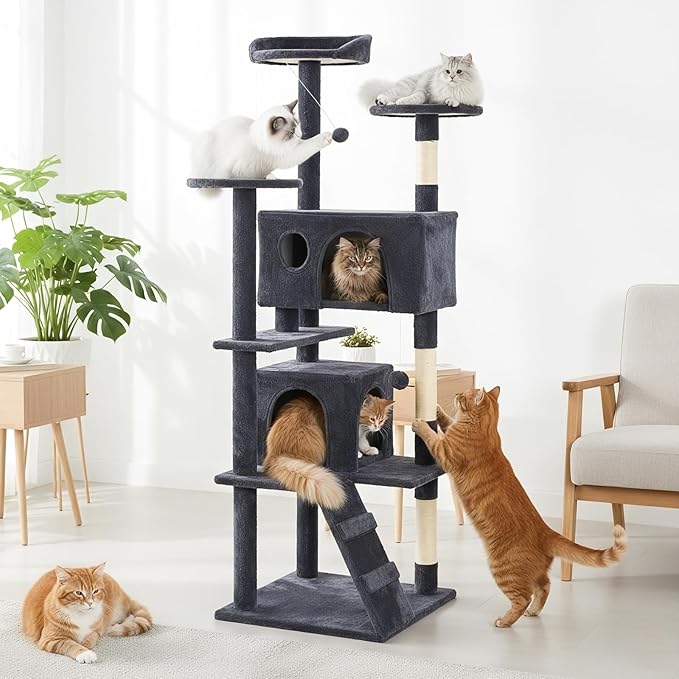 DUMOS 70-inch Indoor Cat Tree Tower –Multi-Level Pet House for Large Cats with 2 Condos, Scratching Posts, Round Platform, Small Ladder, and Toys, Grey