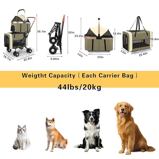 Eanpet Pet Stroller for 2 Dogs & 2 Cats 4Wheels Double Dog Strollers with Detachable Carriers Foldable Pet Travel Jogger Stroller Removable Cat Carrier Bag for Small Medium Dogs 40 lbs,Black