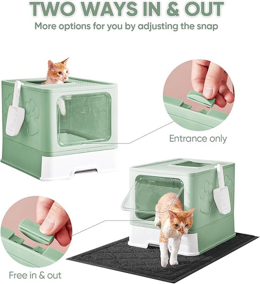 Cat Litter Box with X-Large Litter Mat and Scoop, Large Covered Litter Box with Lid, Enclosed Kitty Box,Front Top Entry Exit, Odor Control Easy to Clean (Upgrade Green)