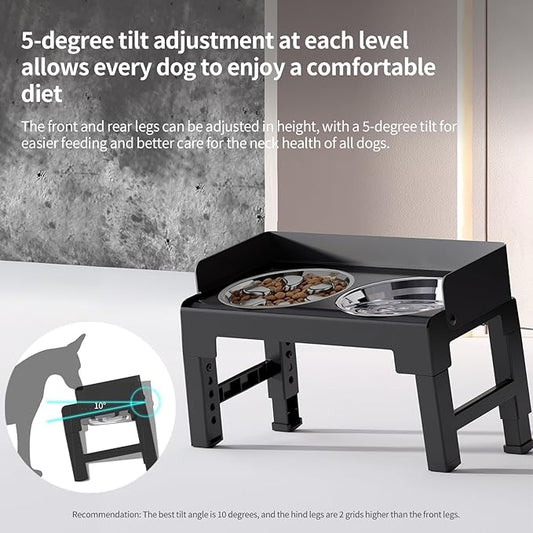 PAKEWAY Elevated Dog Bowls, Spill Proof, Tiltable Pet Feeder with 1 Stainless Steel Bowl &1 Stainless Steel Slow Feeder Bowl, 6 Height Adjustable Raised Bowls Stand for Medium Large Dogs