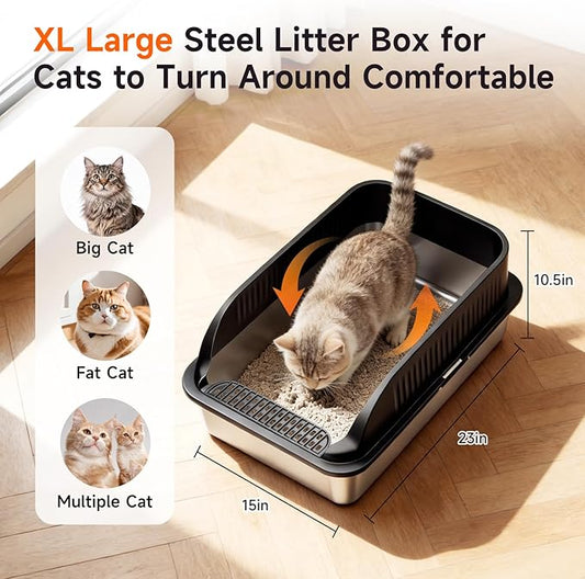 Stainless Steel Cat Litter Box, Extra Large XL Odor Free Metal Litter Box with High Sides Lid, Open Top Litter Pan Include Scoop Easy Cleaning Anti-Scratch Kitty Cat Box Anti-Urine Leakage, Non-Sticky